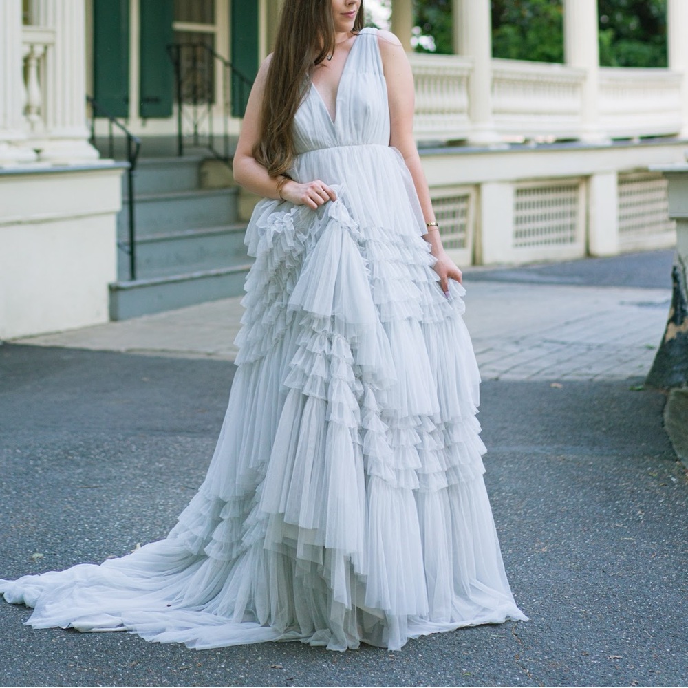BHLDN Anthropologie Tinka Tiered tulle wedding gown light blue with train